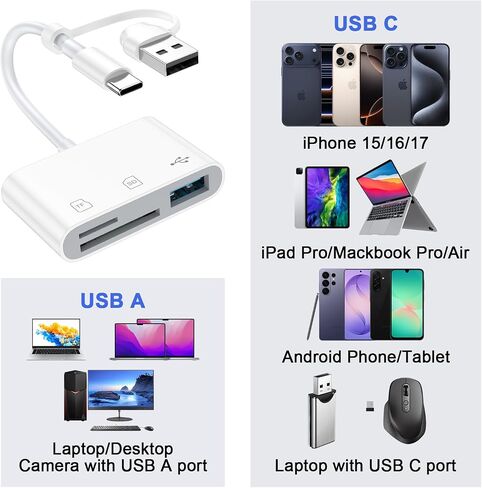 USB C SD Card Reader for iPhone 17 Air 17 16 Pro Max Dual Port Card Adapter in Kuwait