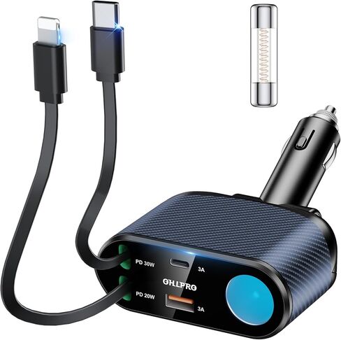 OHLPRO Retractable Car Charger Cigarette Lighter Adapter, 168W 5 in 1 Fast Phone Charging Built-in Replaceable Fuse, Socket Splitter with USB C and USB i Cord, Fit for Phone iPad Galaxy GPS, Black in Kuwait