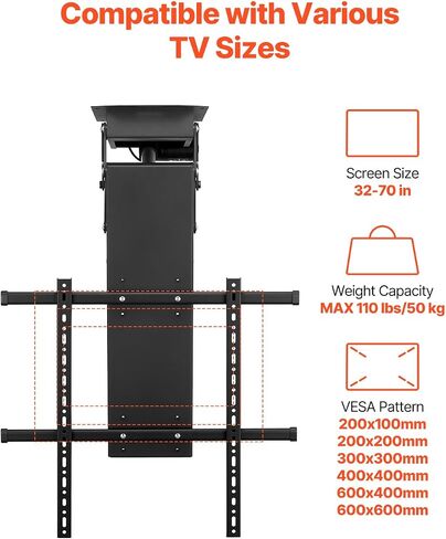 VEVOR Motorized Ceiling TV Mount, TV Wall Mount for 32 to 70 Inch TV, Electric Adjustable Ceiling TV Mount, Motorized Flip Down TV Mount Bracket with Max VESA 24 x 24 in, Fits TVs Up to 110 lbs in Kuwait