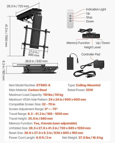 VEVOR Motorized Ceiling TV Mount, TV Wall Mount for 32 to 70 Inch TV, Electric Adjustable Ceiling TV Mount, Motorized Flip Down TV Mount Bracket with Max VESA 24 x 24 in, Fits TVs Up to 110 lbs in Kuwait