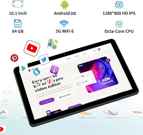 Android Tablet 10 Inch, 4GB+64GB+1TB, Dual Camera,IPS Screen,Grey in Kuwait