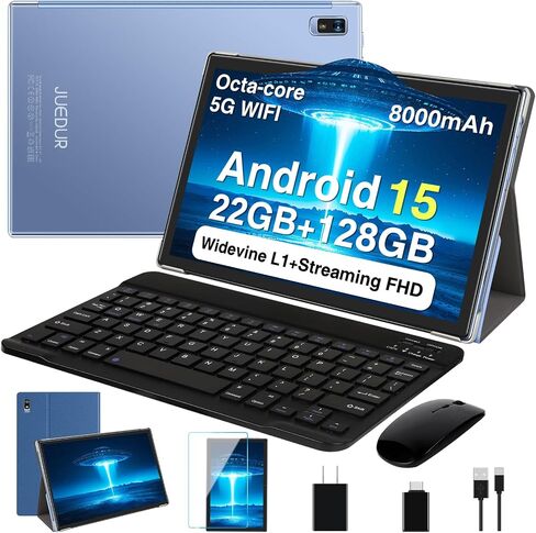 2026 Tablet, 10 Inch Android 15 Tablets 22GB+128GB+1TB Expand, 2-in-1 Octa-Core Electronic Tablet with Keyboard Mouse Case, 8000mAh Battery, 1280x800 HD IPS Display, GPS,Widevine L1, Metal Body -Blue in Kuwait