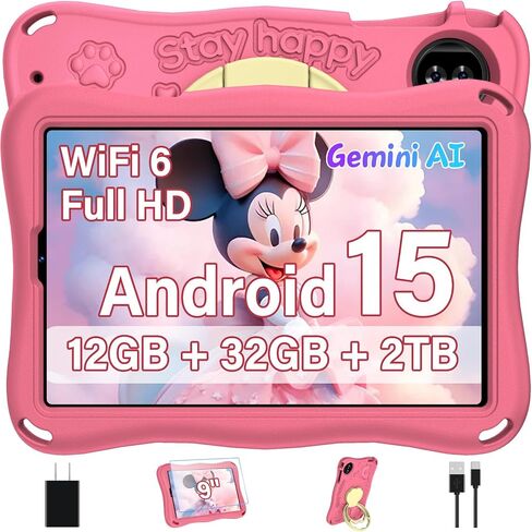Kids Tablet, Android 15 Tablets for Kids with Octa-Core, 9 inch Toddler Tablet with 12GB 32GB 2TB Expand, 1340*800 IPS Display, Drop-proof EVA Case, Parental Control, Dual Camera, WiFi 6 - Pink in Kuwait