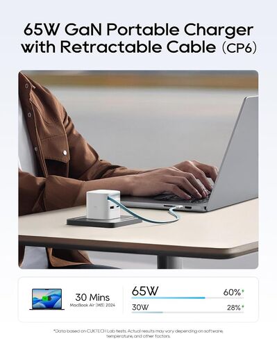 CUKTECH CP6 65W GaN USB C Charger with Built-in Retractable Cable (2.3ft), 2-Port Fast Charging Wall Power Adapter for iPhone 17/16/15, Galaxy S26/S25/S24, Pixel 10/9, MacBook Pro/Air, iPad, AirPods in Kuwait