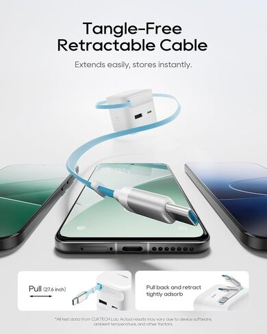 CUKTECH CP6 65W GaN USB C Charger with Built-in Retractable Cable (2.3ft), 2-Port Fast Charging Wall Power Adapter for iPhone 17/16/15, Galaxy S26/S25/S24, Pixel 10/9, MacBook Pro/Air, iPad, AirPods in Kuwait