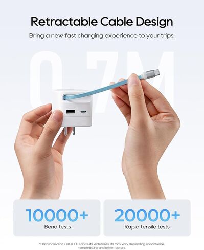 CUKTECH CP6 65W GaN USB C Charger with Built-in Retractable Cable (2.3ft), 2-Port Fast Charging Wall Power Adapter for iPhone 17/16/15, Galaxy S26/S25/S24, Pixel 10/9, MacBook Pro/Air, iPad, AirPods in Kuwait