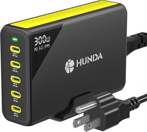 HUNDA 300W USB C Charger GaN Charging Station Desktop 5 Ports PD 100W Fast Power Adapter Support PD3.0 /PPS 45W /QC5 for MacBook Pro/Air, iPhone 15 Pro,Samsung,HP,Dell etc in Kuwait