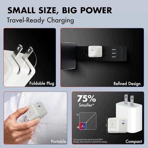 PD 20W GaN Charger, Wozoyo Type-C Fast Charger Compatible for iPhone 17/16/16 Pro Max/15 Series/iPad Pro, Smartphones & Tablets, QC 3.0,Compact Foldable Plug Design, Smart Power Delivery in Kuwait