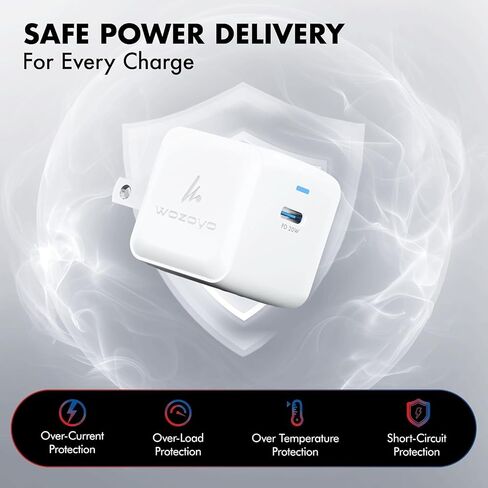 PD 20W GaN Charger, Wozoyo Type-C Fast Charger Compatible for iPhone 17/16/16 Pro Max/15 Series/iPad Pro, Smartphones & Tablets, QC 3.0,Compact Foldable Plug Design, Smart Power Delivery in Kuwait