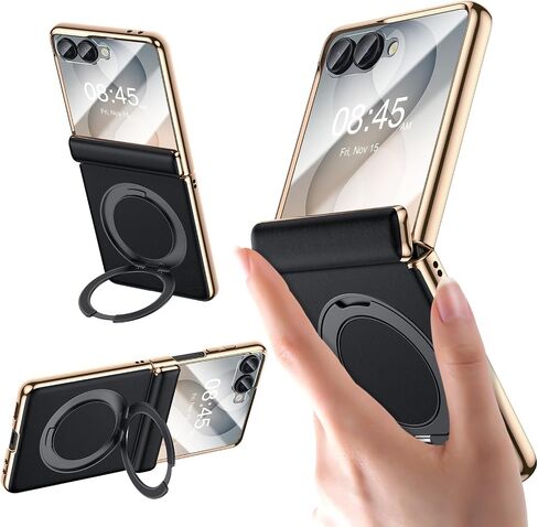 for Galaxy Z Flip 8 Case Luxury Leather with Screen Protector [Hinge Protection],Fit for Magsafe,Magnetic Kickstand & Ring Holder for Samsung Z Flip 8 Case Black in Kuwait