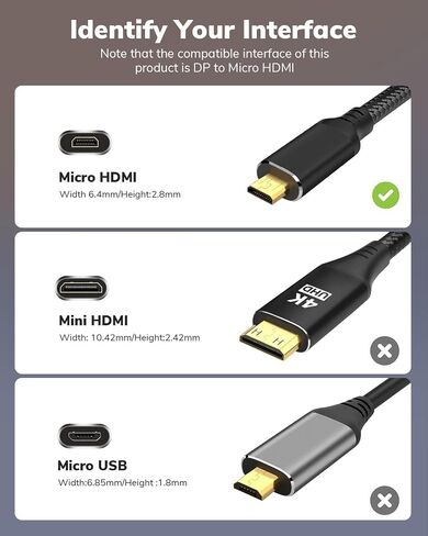 4K DisplayPort to Micro HDMI Cable 3FT, DP to Micro HDMI 1440P/2K@120Hz,4K@30 Nylon Uni-Directional Cord for Dell, Desktop, AMD, NVIDIA to ASUS XG17AHP, Portable Monitor and More in Kuwait