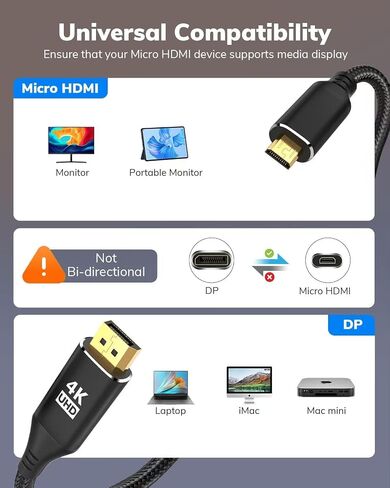 4K DisplayPort to Micro HDMI Cable 3FT, DP to Micro HDMI 1440P/2K@120Hz,4K@30 Nylon Uni-Directional Cord for Dell, Desktop, AMD, NVIDIA to ASUS XG17AHP, Portable Monitor and More in Kuwait