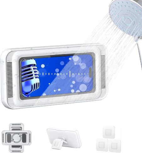 Shower Phone Holder Waterproof with Speaker Hole, 360° Rotatable Anti-Fog Bathroom Wall Mount Phone Case, Splash Proof Shower Phone Stand for Bathtub Kitchen Mirror, Fits 4"-7" Phones (White) in Kuwait