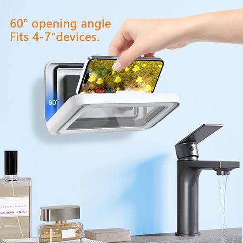 Shower Phone Holder Waterproof with Speaker Hole, 360° Rotatable Anti-Fog Bathroom Wall Mount Phone Case, Splash Proof Shower Phone Stand for Bathtub Kitchen Mirror, Fits 4"-7" Phones (White) in Kuwait