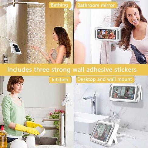 Shower Phone Holder Waterproof with Speaker Hole, 360° Rotatable Anti-Fog Bathroom Wall Mount Phone Case, Splash Proof Shower Phone Stand for Bathtub Kitchen Mirror, Fits 4"-7" Phones (White) in Kuwait
