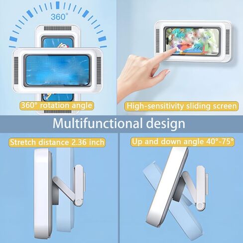 Shower Phone Holder Waterproof with Speaker Hole, 360° Rotatable Anti-Fog Bathroom Wall Mount Phone Case, Splash Proof Shower Phone Stand for Bathtub Kitchen Mirror, Fits 4"-7" Phones (White) in Kuwait
