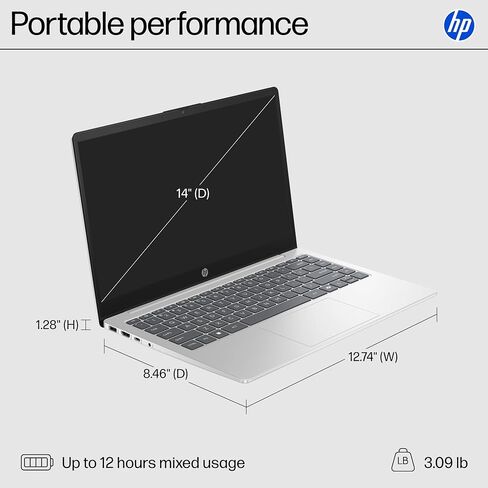 HP 14 inch Laptop, HD Touchscreen Display, AMD Ryzen 5 7520U, 8 GB RAM, 512 GB SSD, AMD Radeon Graphics, Windows 11 Home, Natural Silver, 14-em0499nr in Kuwait