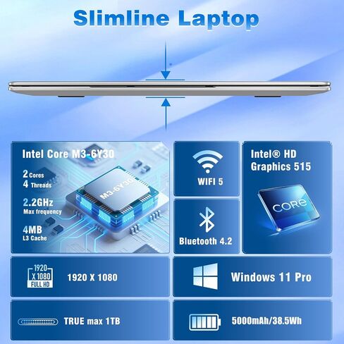 NAIKLULU Laptop Computer, Win 11 Pro Lap Top, 15.6 Inch Laptop PC 2026, 16GB RAM 256GB SSD, M3-6Y30 Processor, FHD Display 1920 * 1080P, WIFI5, BT4.2, 5000mAh Battery, for School Business Student in Kuwait
