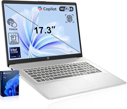 HP 17.3" Touchscreen Copilot AI Laptop, Intel Core Ultra 5 225U, PCONLINE Customized 16GB/64GB DDR5 RAM, 1TB/2TB SSD, Wi-Fi 6, Backlit Keyboard & Numeric Keypad, FP Reader, Battery Fast charge, Win11P in Kuwait
