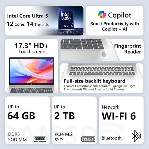 HP 17.3" Touchscreen Copilot AI Laptop, Intel Core Ultra 5 225U, PCONLINE Customized 16GB/64GB DDR5 RAM, 1TB/2TB SSD, Wi-Fi 6, Backlit Keyboard & Numeric Keypad, FP Reader, Battery Fast charge, Win11P in Kuwait