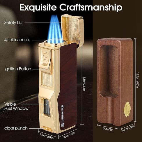 Cigar Lighter and Ashtray Set, Quad Windproof Jet Flame, with Cigar Holder and Cigar Punch, Refillable Butane Gas Lighter, Multifunctional Cigar Accessories Gift Set in Kuwait