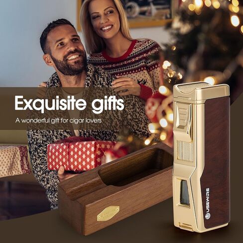Cigar Lighter and Ashtray Set, Quad Windproof Jet Flame, with Cigar Holder and Cigar Punch, Refillable Butane Gas Lighter, Multifunctional Cigar Accessories Gift Set in Kuwait