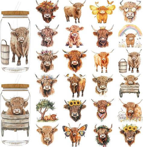 24PCS UV DTF Stickers Highland Cow UV DTF Cup Wrap for 16oz Cups in Kuwait