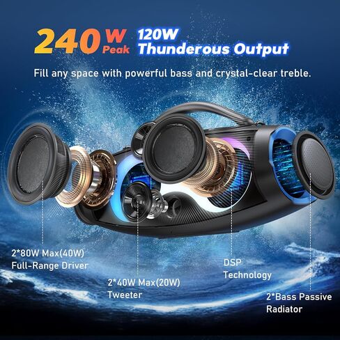 DOSS Extreme Boom Pro D200 240W Peak Outdoor Speaker, Punchy Bass, 26H Playtime, Beat-Synced Light, BT5.4, Stereo Pairing, IPX6 Waterproof for Camping, Beach, Tailgate Party-Blue in Saudi Arabia