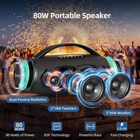ZEALOT Portable Bluetooth Speaker for Beach 80W, Speaker Bluetooth Wireless, IP67 Waterproof Speaker for Outdoor/Home, Stereo Sound with Deep Bass, EQ, BT5.3, TF, USB, AUX, RGB Light.-Black in Kuwait