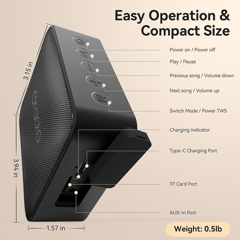 Oraolo Bluetooth Speaker, IPX7 Waterproof Portable with Stereo Sound, Bluetooth 5.4, TWS Pairing, Support AUX/TF Card, Small Wireless Speaker for Home, Shower, Outdoors, Travel, Black in Saudi Arabia