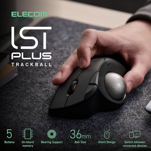ELECOM IST Plus Wireless Trackball Mouse, Bluetooth and USB 2.4GHz, 3-Device Connection, Silent Click, 36mm Ergonomic Thumb Design, Programmable for Windows Mac in Kuwait