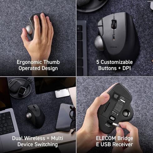 ELECOM IST Plus Wireless Trackball Mouse, Bluetooth and USB 2.4GHz, 3-Device Connection, Silent Click, 36mm Ergonomic Thumb Design, Programmable for Windows Mac in Kuwait