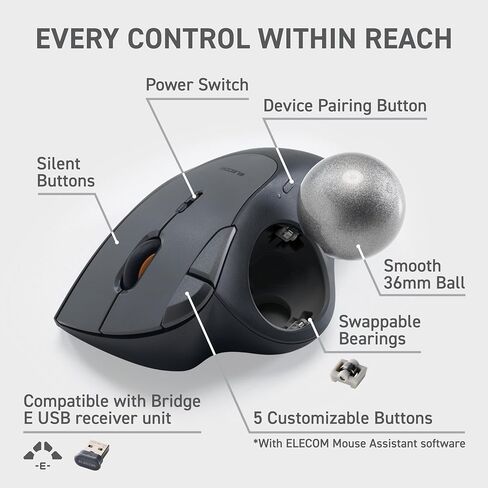 ELECOM IST Plus Wireless Trackball Mouse, Bluetooth and USB 2.4GHz, 3-Device Connection, Silent Click, 36mm Ergonomic Thumb Design, Programmable for Windows Mac in Kuwait