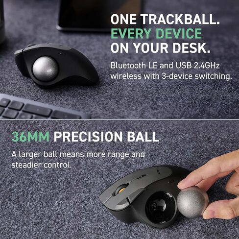 ELECOM IST Plus Wireless Trackball Mouse, Bluetooth and USB 2.4GHz, 3-Device Connection, Silent Click, 36mm Ergonomic Thumb Design, Programmable for Windows Mac in Kuwait