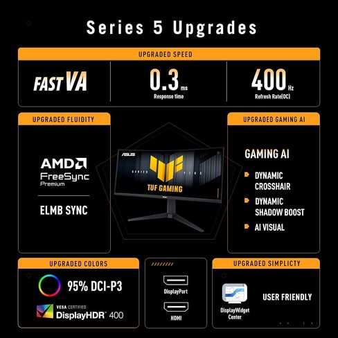 ASUS TUF Gaming Series 5 34" Curved Ultrawide Monitor (VG34WQL5A) - WQHD (3440x1440), Dual Mode (WQHD 200Hz or HD 400Hz), Fast VA, 0.5ms, DisplayHDR400, DisplayWidget, Gaming AI, 3 yr Warranty in Kuwait