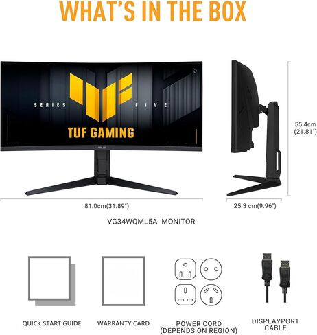 ASUS TUF Gaming Series 5 34" Curved Ultrawide Monitor (VG34WQL5A) - WQHD (3440x1440), Dual Mode (WQHD 200Hz or HD 400Hz), Fast VA, 0.5ms, DisplayHDR400, DisplayWidget, Gaming AI, 3 yr Warranty in Kuwait