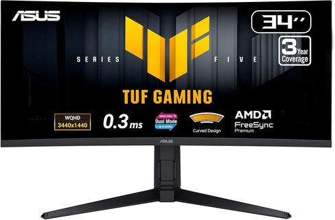 ASUS TUF Gaming Series 5 34" Curved Ultrawide Monitor (VG34WQL5A) - WQHD (3440x1440), Dual Mode (WQHD 200Hz or HD 400Hz), Fast VA, 0.5ms, DisplayHDR400, DisplayWidget, Gaming AI, 3 yr Warranty in Kuwait