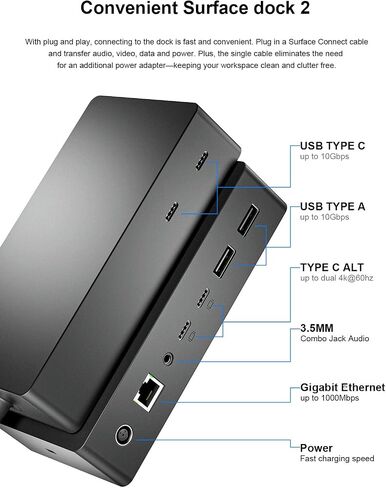Surface Dock 2,Surface Docking Station 2 with 199W Power Supply, Type-C 4K Display Port*2,USB A*2/Type C*2,Gigabit Ethernet,Audio Compatible with Surface Laptop Studio,Laptop,Surface Go,Pro X/9/8 in Kuwait