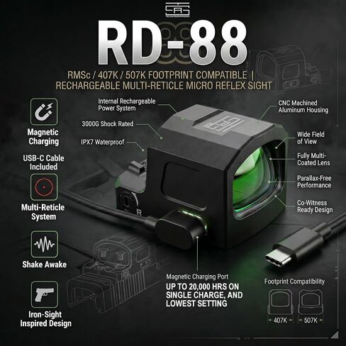 TSA® RD-88 Enclosed Micro Red Dot Sight – Rechargeable – Multi-Reticle – RMSc / 407K / 507K Footprint – Shake Awake – Magnetic USB-C Charging in Saudi Arabia