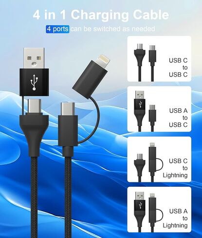 USB C and Lightning Cable 4-in-1 Charging Cord, 60W Fast Charging & Data Sync, 6FT MFi Certified Nylon Braided Cable for iPhone 17/16/15/14, iPad, Samsung, MacBook, CarPlay - Anti-Tangle Design in Kuwait