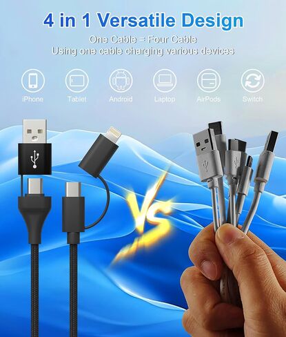 USB C and Lightning Cable 4-in-1 Charging Cord, 60W Fast Charging & Data Sync, 6FT MFi Certified Nylon Braided Cable for iPhone 17/16/15/14, iPad, Samsung, MacBook, CarPlay - Anti-Tangle Design in Kuwait