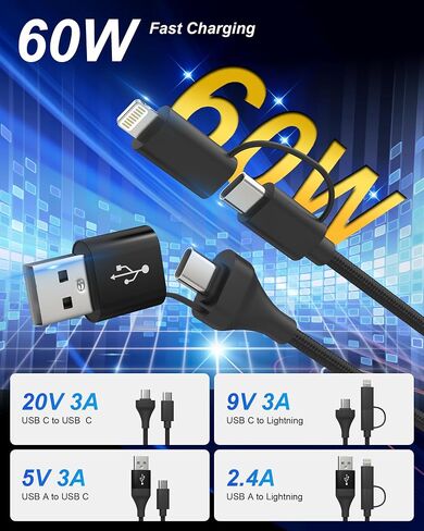 USB C and Lightning Cable 4-in-1 Charging Cord, 60W Fast Charging & Data Sync, 6FT MFi Certified Nylon Braided Cable for iPhone 17/16/15/14, iPad, Samsung, MacBook, CarPlay - Anti-Tangle Design in Kuwait