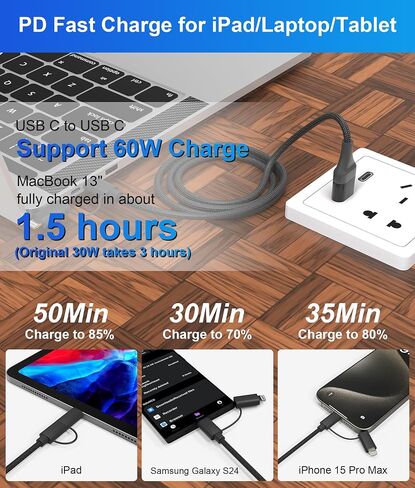 USB C and Lightning Cable 4-in-1 Charging Cord, 60W Fast Charging & Data Sync, 6FT MFi Certified Nylon Braided Cable for iPhone 17/16/15/14, iPad, Samsung, MacBook, CarPlay - Anti-Tangle Design in Kuwait