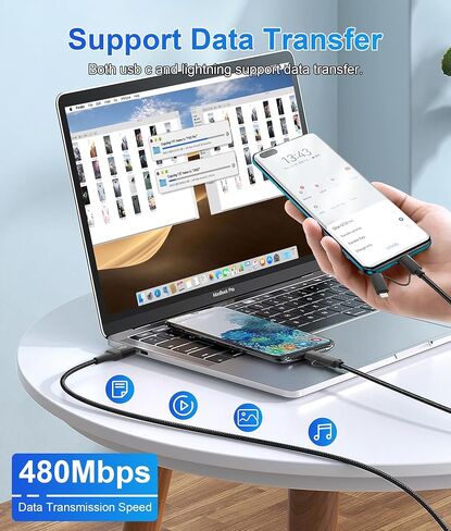 USB C and Lightning Cable 4-in-1 Charging Cord, 60W Fast Charging & Data Sync, 6FT MFi Certified Nylon Braided Cable for iPhone 17/16/15/14, iPad, Samsung, MacBook, CarPlay - Anti-Tangle Design in Kuwait
