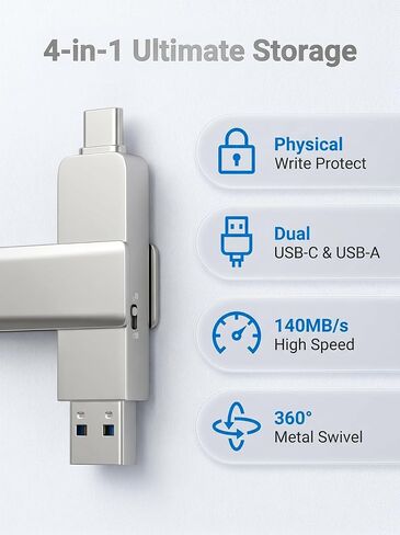 128GB Dual USB Flash Drive, USB 3.2 Gen 1 USB C & USB A Memory Stick with Physical Write Protect Switch, 360° Metal Swivel OTG Thumb Drive for iPhone 17/16/15, MacBook, Windows in Kuwait