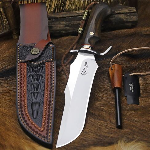 BA-KOR 8mm 9CR18MOV steel (14.8IN) sandalwood handle Bowie knife + sheath & (5.9IN) cerium igniter, suitable for outdoor hunting, camping, survival, EDC tool knives in Saudi Arabia