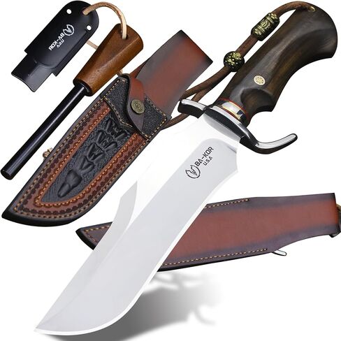 BA-KOR 8mm 9CR18MOV steel (14.8IN) sandalwood handle Bowie knife + sheath & (5.9IN) cerium igniter, suitable for outdoor hunting, camping, survival, EDC tool knives in Saudi Arabia