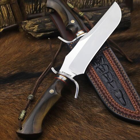 BA-KOR 8mm 9CR18MOV steel (14.8IN) sandalwood handle Bowie knife + sheath & (5.9IN) cerium igniter, suitable for outdoor hunting, camping, survival, EDC tool knives in Saudi Arabia