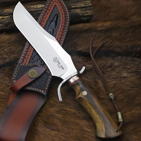 BA-KOR 8mm 9CR18MOV steel (14.8IN) sandalwood handle Bowie knife + sheath & (5.9IN) cerium igniter, suitable for outdoor hunting, camping, survival, EDC tool knives in Saudi Arabia