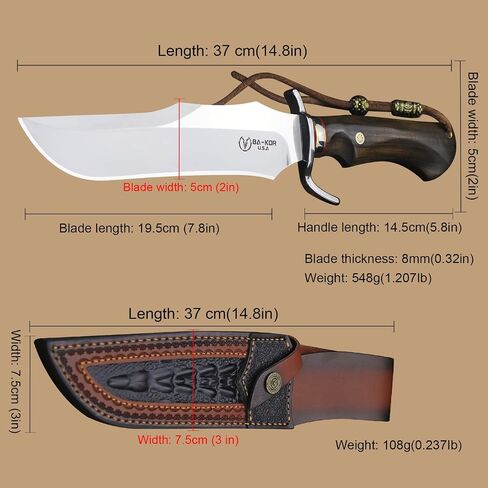 BA-KOR 8mm 9CR18MOV steel (14.8IN) sandalwood handle Bowie knife + sheath & (5.9IN) cerium igniter, suitable for outdoor hunting, camping, survival, EDC tool knives in Saudi Arabia